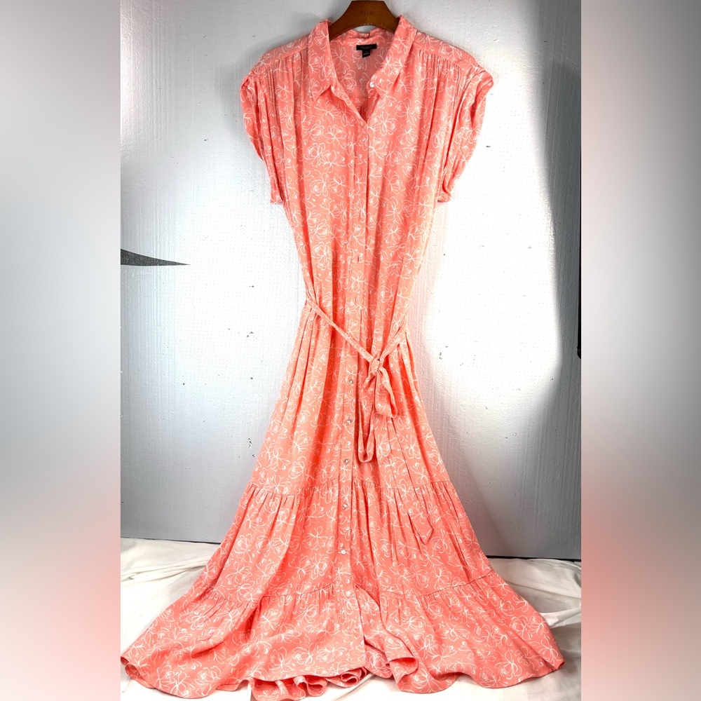 Ann Taylor Factory 16 Bright Peach Floral Sketch Belted Button Down Midi Dress - Picture 1 of 9